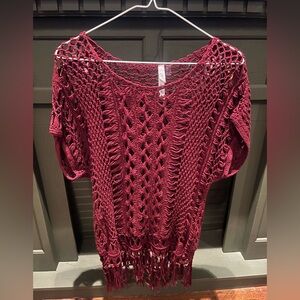 NY Collection Deep Red Knit Top with Fringe